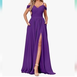 BOLENSYE Off The Shoulder Pockets Ruched Chiffon Gown in Purple Size 12